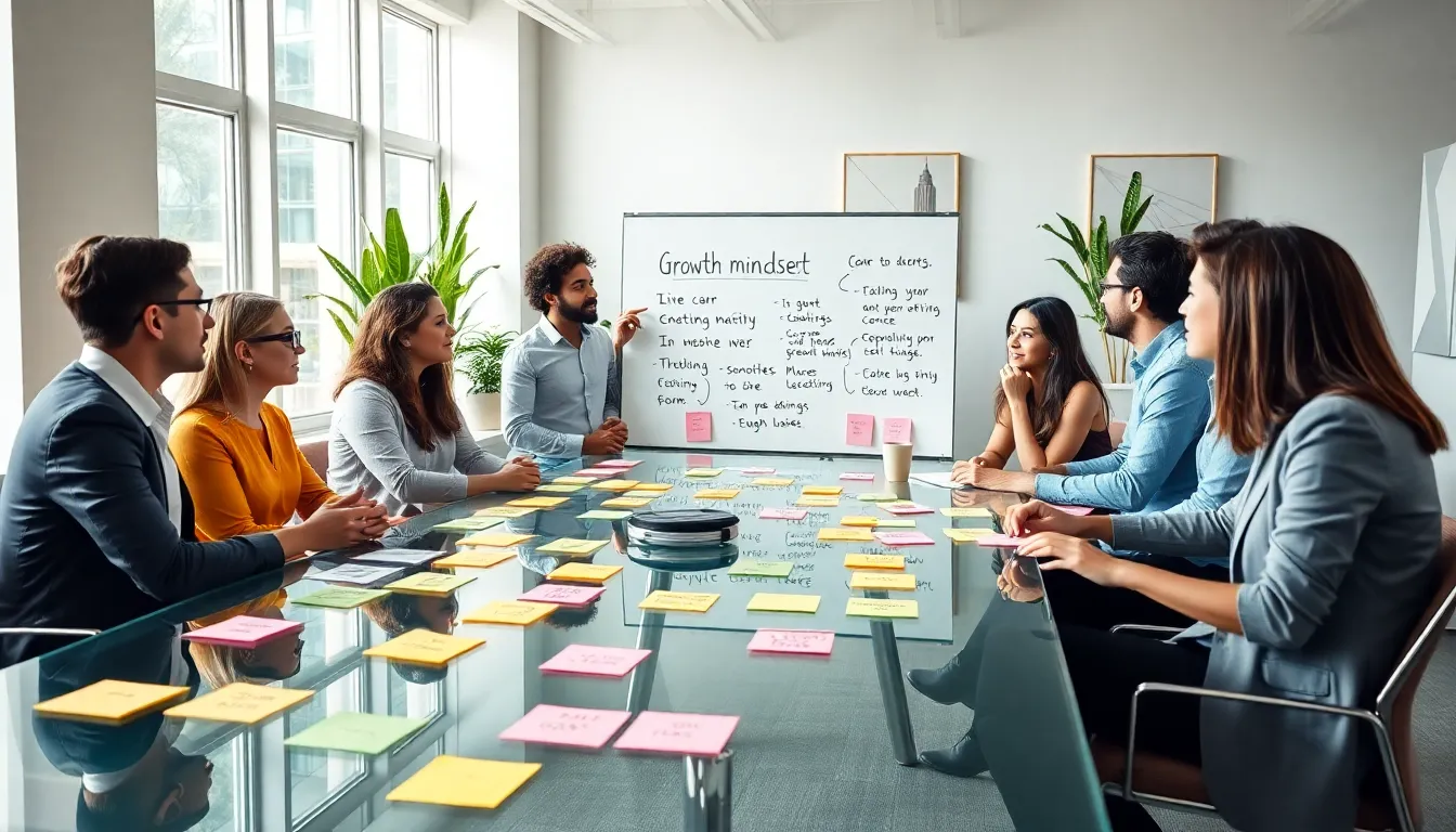 diverse professionals brainstorming growth mindset phrases in a modern office.