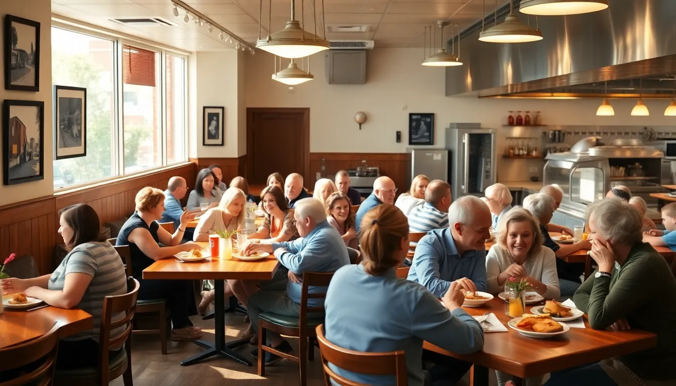 families enjoying meals in a welcoming restaurant setting.